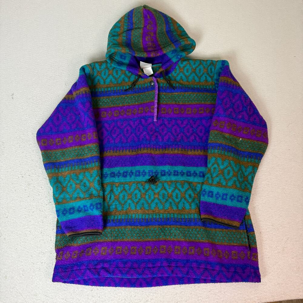 Vintage Sunbuster Aztec Geometric Fleece Hoodie Pullover Multicolor USA Made